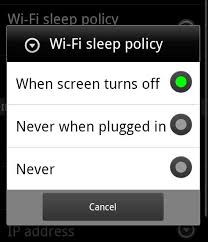 Wi-Fi sleep policy,Wi-Fi sleep policy on Android